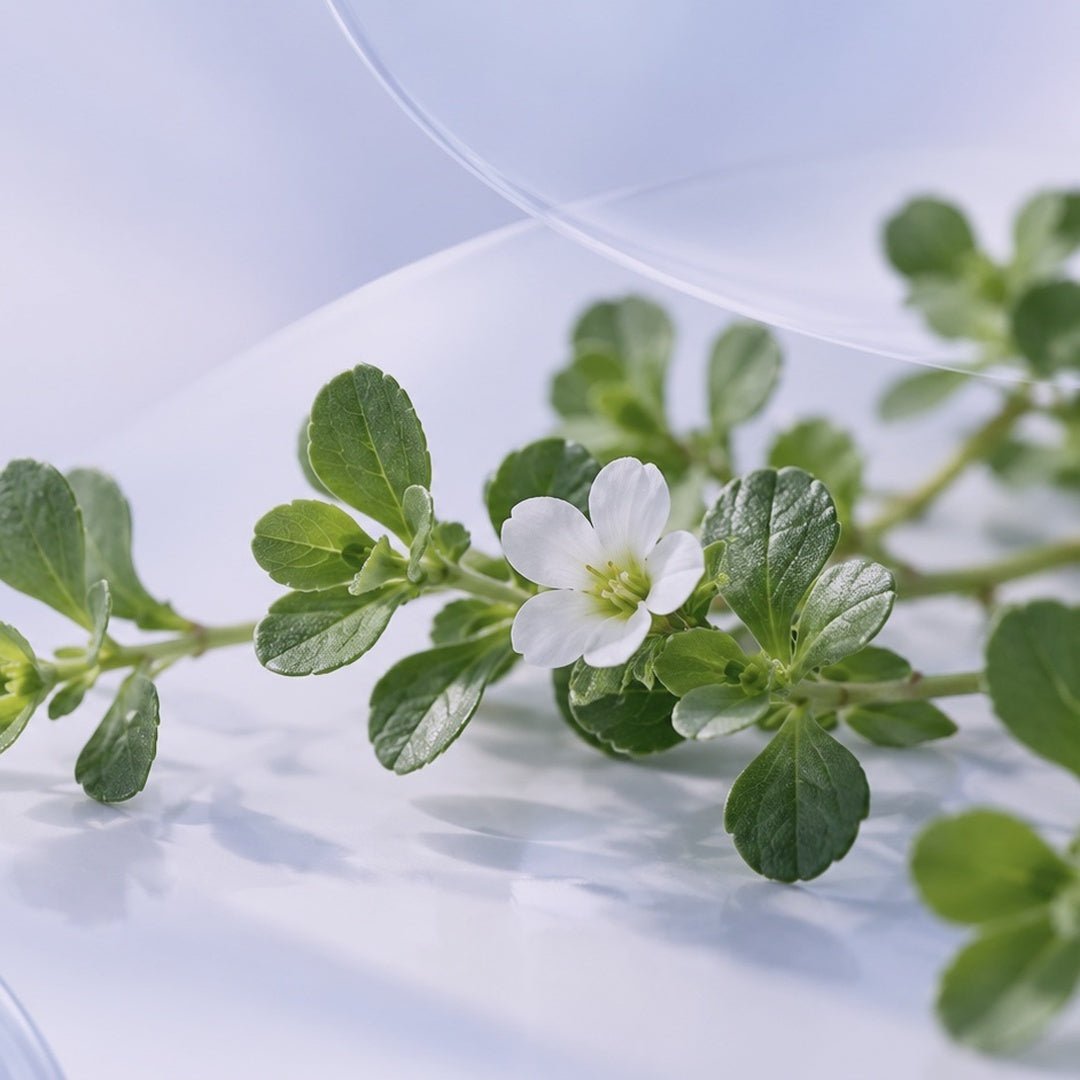 Rameau fleuri de Bacopa monnieri, petites feuilles ovales vert foncé et fleur blanche à cinq pétales, sur fond clair