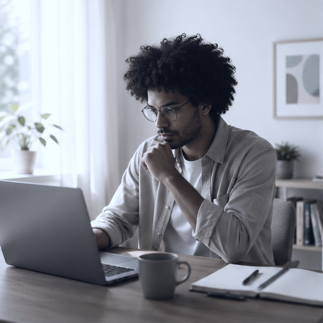 Homme concentré devant l'écran de son ordinateur portable, tasse et carnet sur le bure
